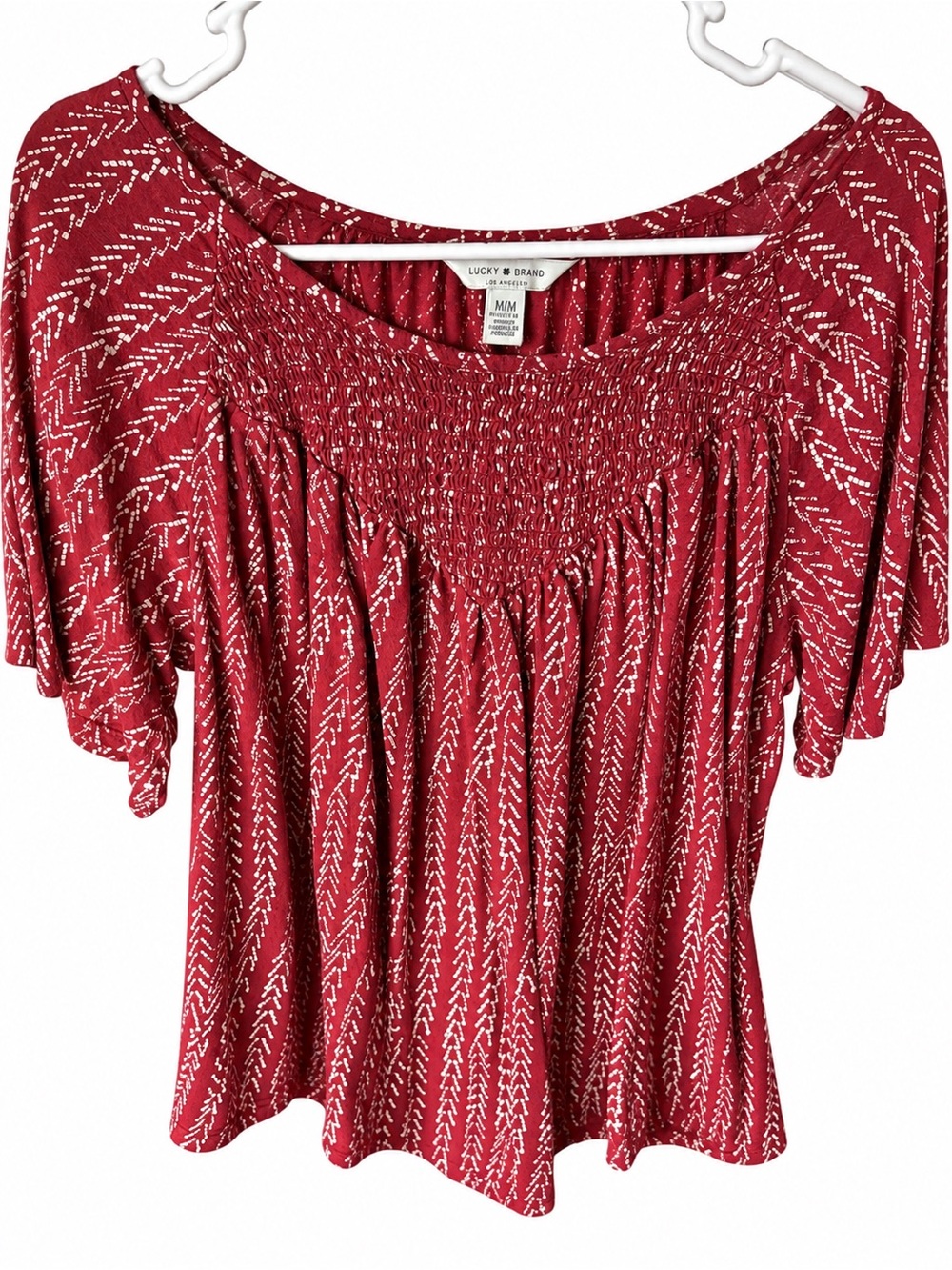 LUCKY BRAND Burgundy Smocked Flutter Sleeve Boho Blouse Top M - Picture 2 of 3